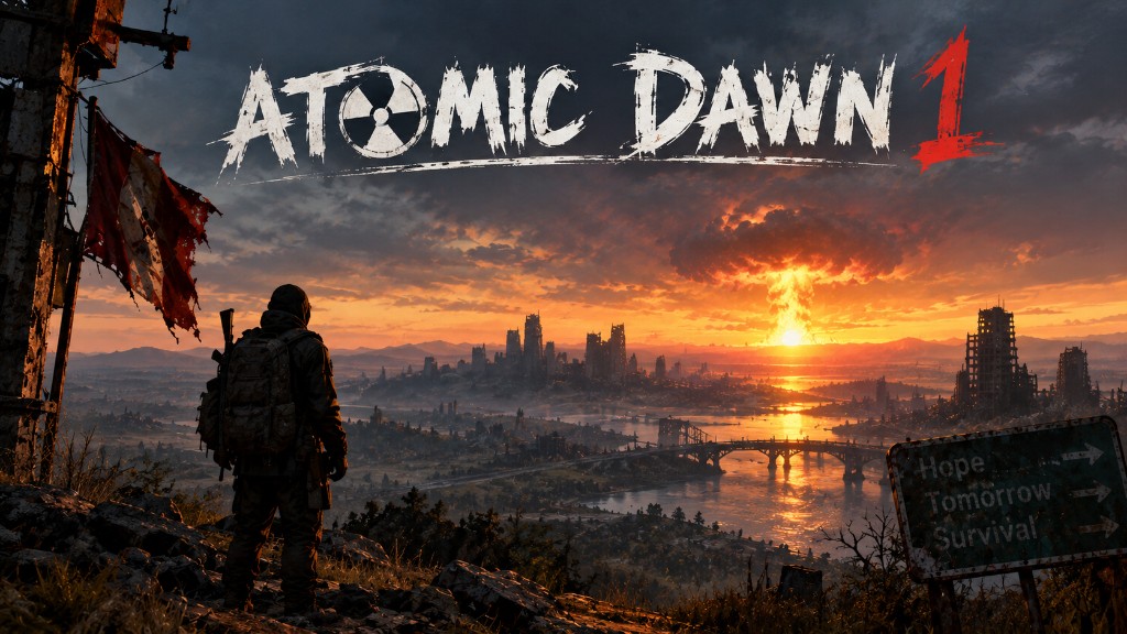 Atomic Dawn 1 — a lone survivor overlooks a ruined city at sunrise as a mushroom cloud rises in the distance.