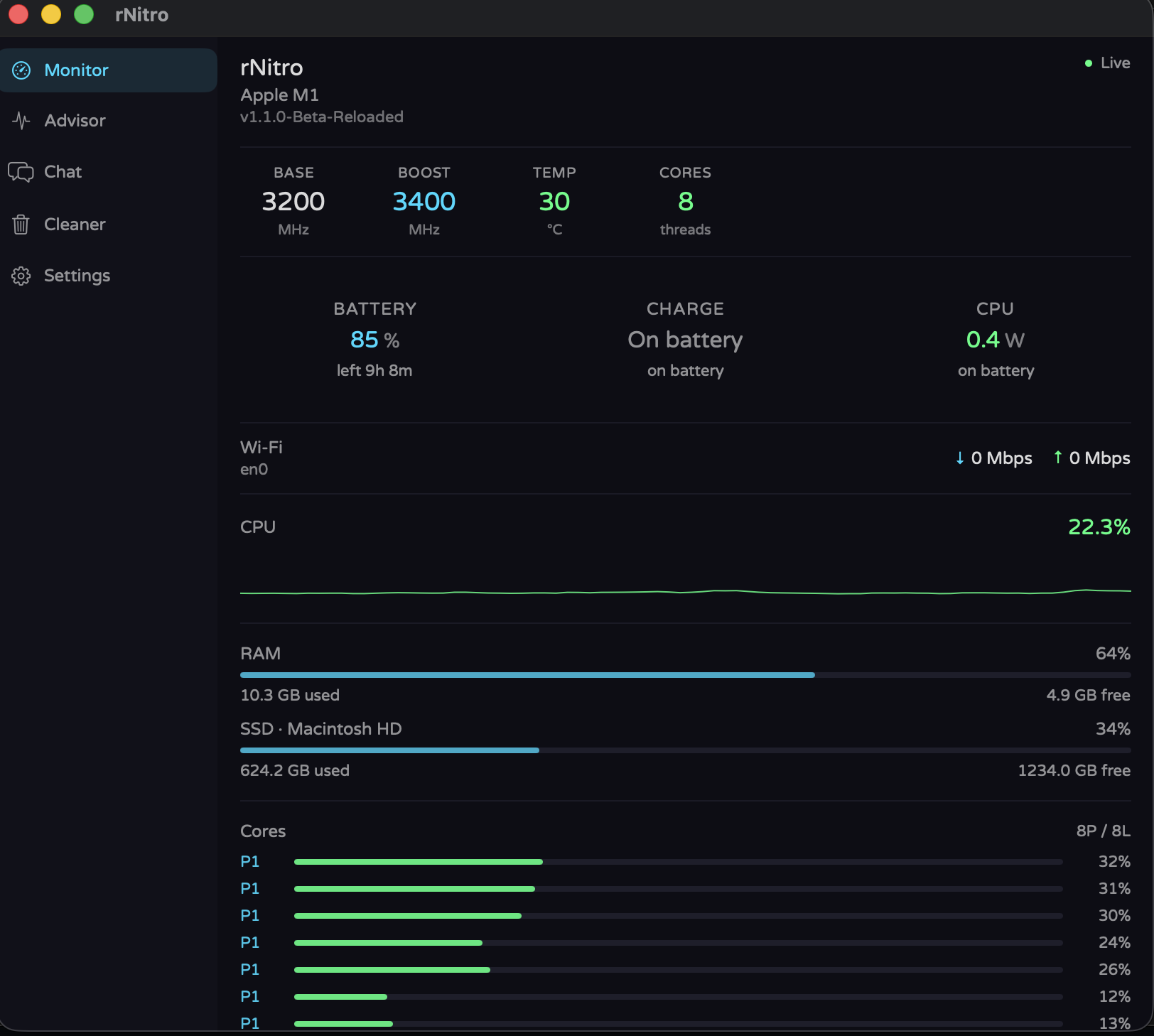 rNitro menu bar monitor showing CPU, temperature, memory, and battery