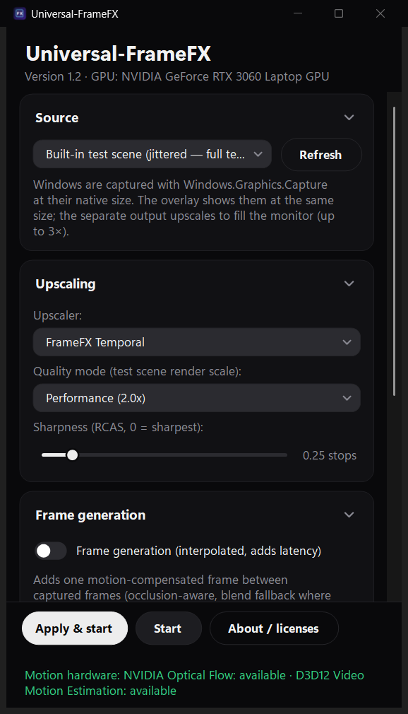 Universal-FrameFX 1.2 main window: dark theme with rounded Source, Upscaling and Frame generation cards, a pinned Apply & start button, and the detected motion hardware